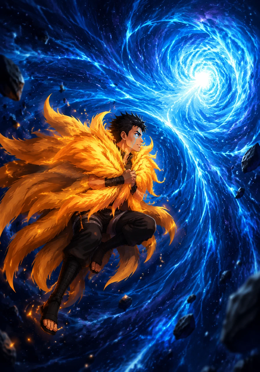 Pulled into the heart of a cosmic storm, Troy drifts through the Two Blue Vortex, a space between dimensions where time has no meaning. He wraps himself in the protective shroud of the Nine-Tails, eyes fixed on the light at the end of the tunnel.
