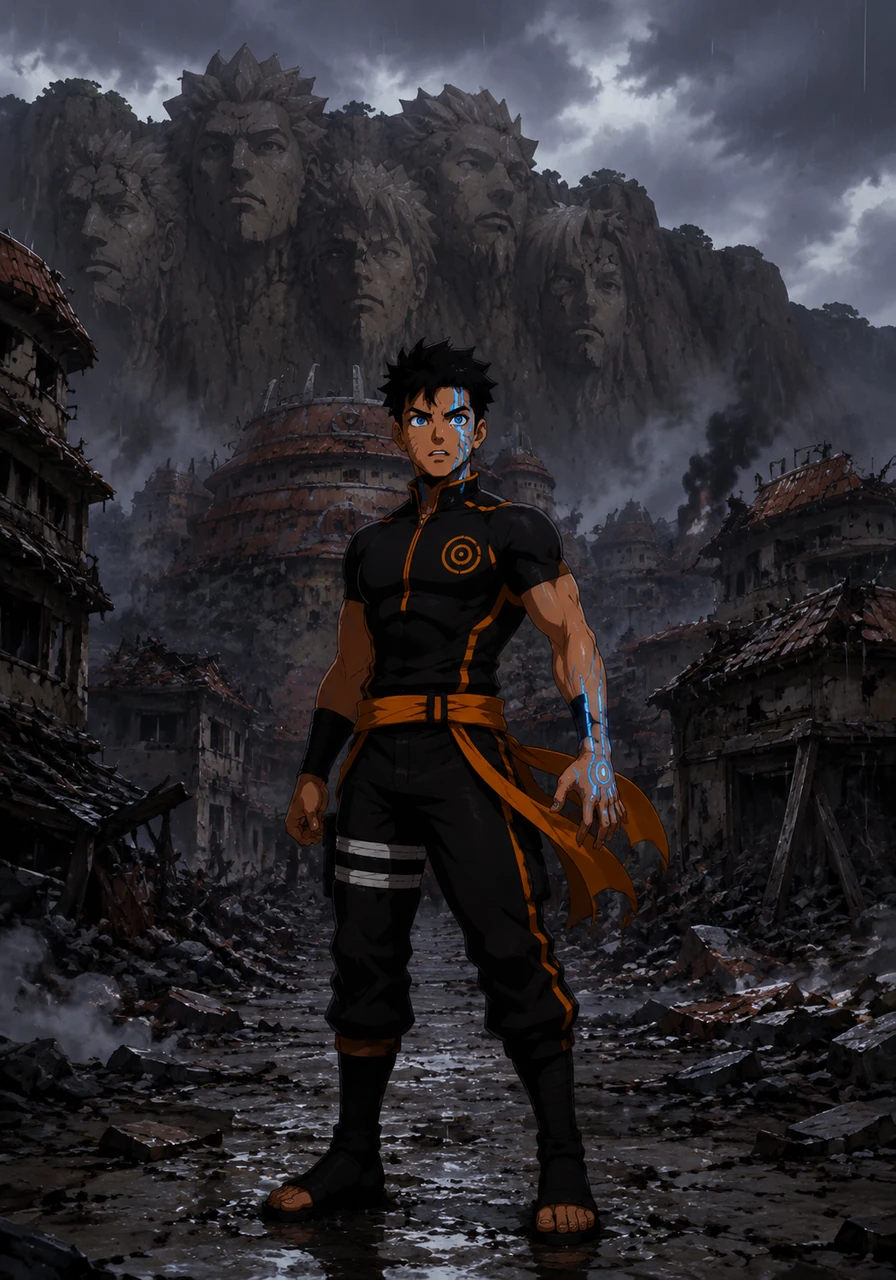 Troy emerges in a version of Konoha he barely recognizes, where the air is thick with the scent of rain and battle. The Hokage Rock is scarred, and the once-vibrant streets are now quiet and filled with tension.