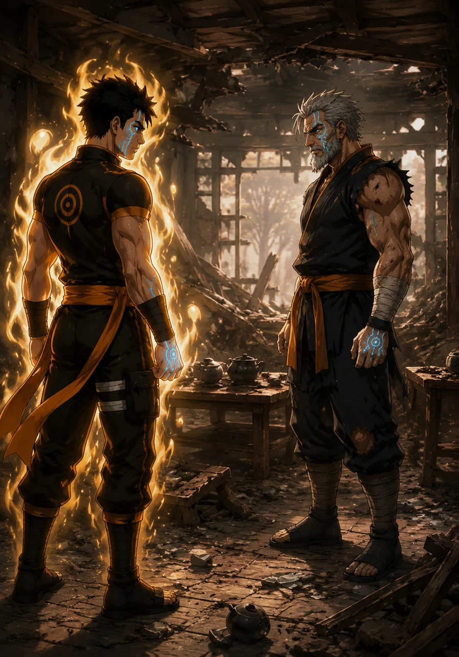 He comes face-to-face with a weary, older warrior who shares the same mark of the Karma. They stand in the ruins of a tea shop, their silent exchange acknowledging the immense power each of them carries.
