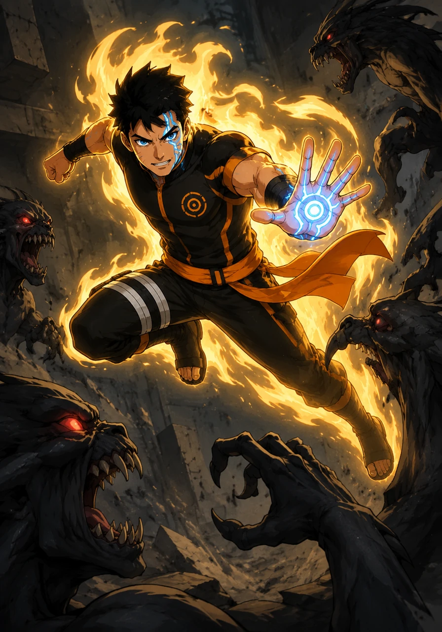 When strange, clawed creatures emerge from the shadows, Troy leaps into action with a speed that defies the eye. He strikes with the force of a Tailed Beast, his movements a perfect blend of Senju discipline and Uzumaki ferocity.