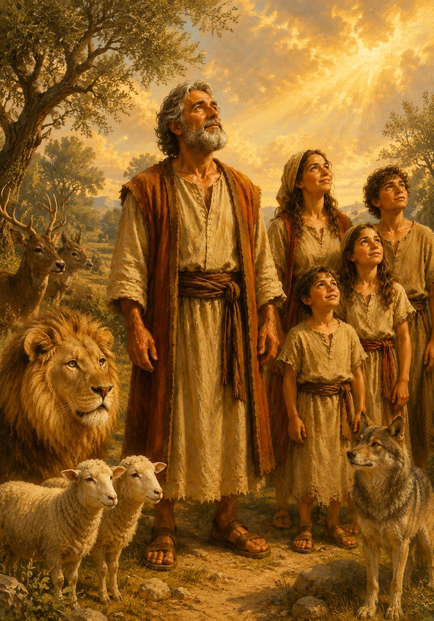 Under a vast, golden sky, Noah listens intently to a whisper in the wind that calls him to a great task. He stands among the olive trees, his heart filled with a newfound purpose to protect the life around him.