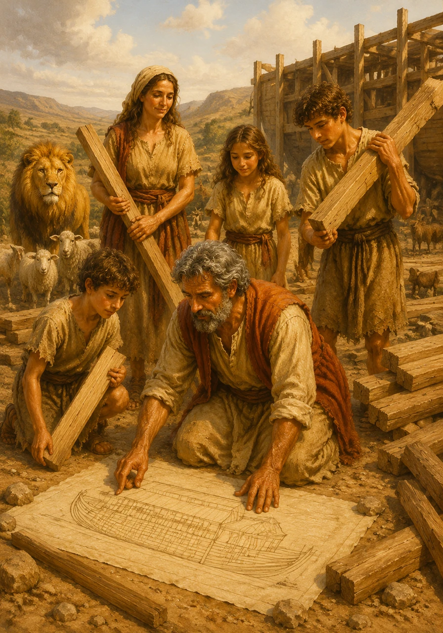 Noah begins to gather sturdy planks of gopher wood, his hands working with precision and care. He lays out his plans on the dusty ground, envisioning a vessel large enough to hold the wonders of the world.