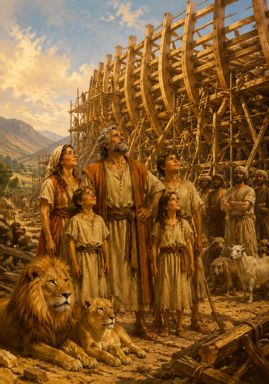 The skeleton of the massive ark rises high above the valley, a testament to Noah's dedication and faith. Neighbors look on in curiosity as the sun glints off the fresh timber and the smell of cedar fills the air.