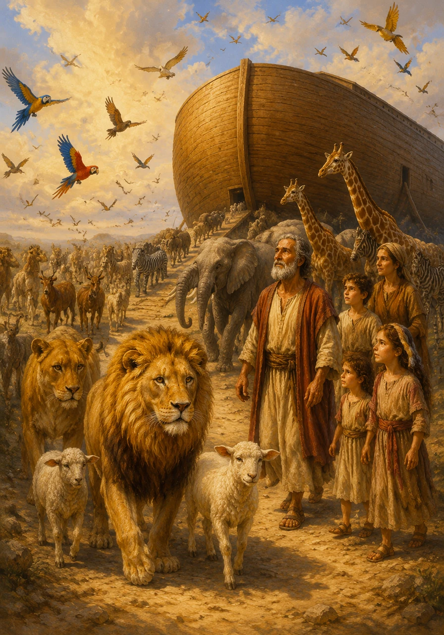 From the distant horizons, animals of every kind begin to march toward the great wooden ship in pairs. Majestic lions walk alongside gentle lambs, and colorful birds fill the sky with a symphony of wings.