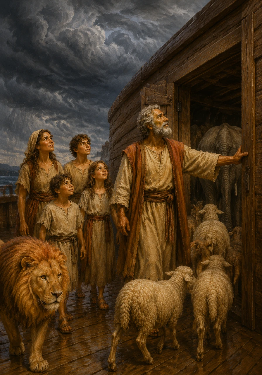 The sky turns a deep, swirling gray as Noah guides his family and the last of the creatures through the heavy door. A sense of quiet anticipation settles over the ark just before the first raindrops begin to fall.
