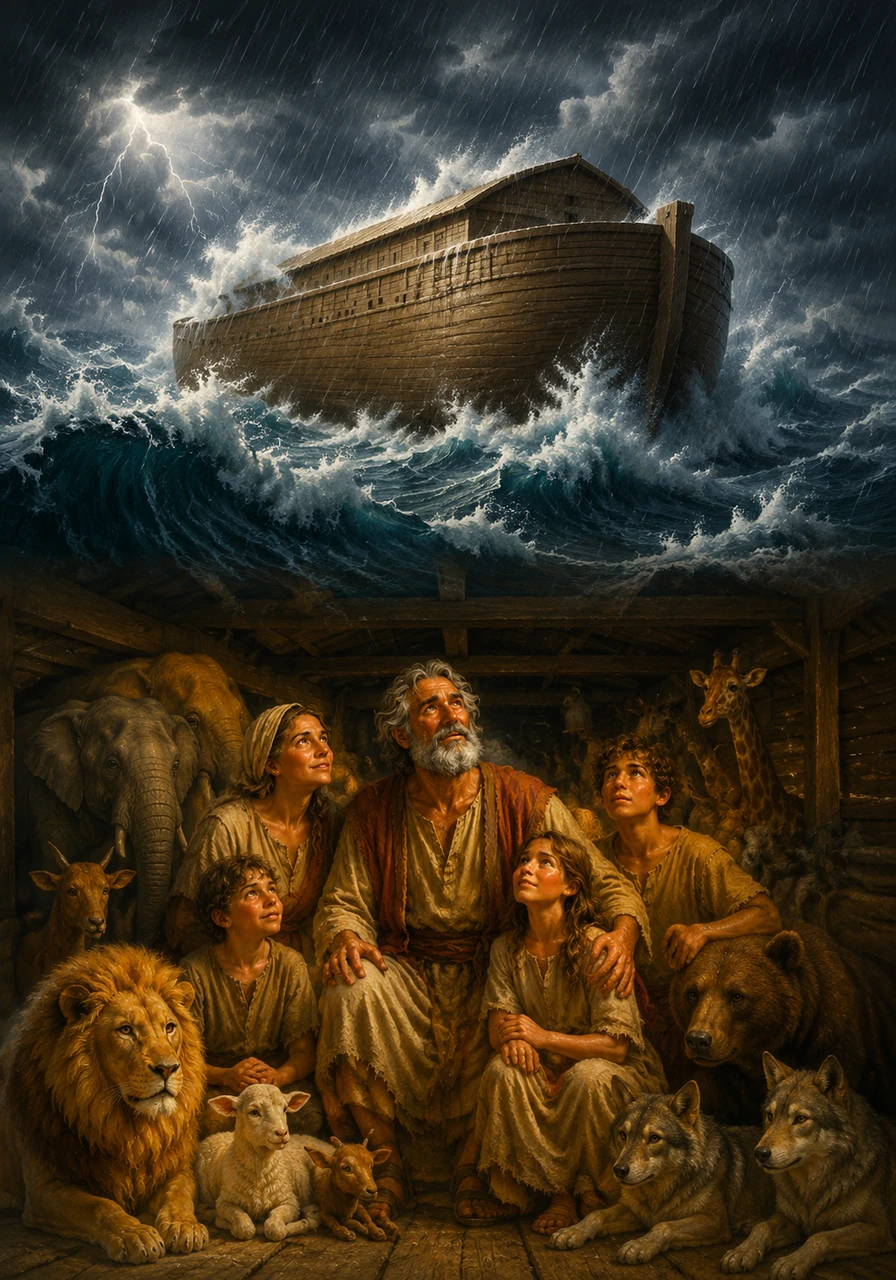 Massive waves toss the ark upon the rising waters, but the sturdy vessel holds firm against the crashing storm. Inside, the animals huddle together, safe and dry while the world outside is transformed by the heavy rain.