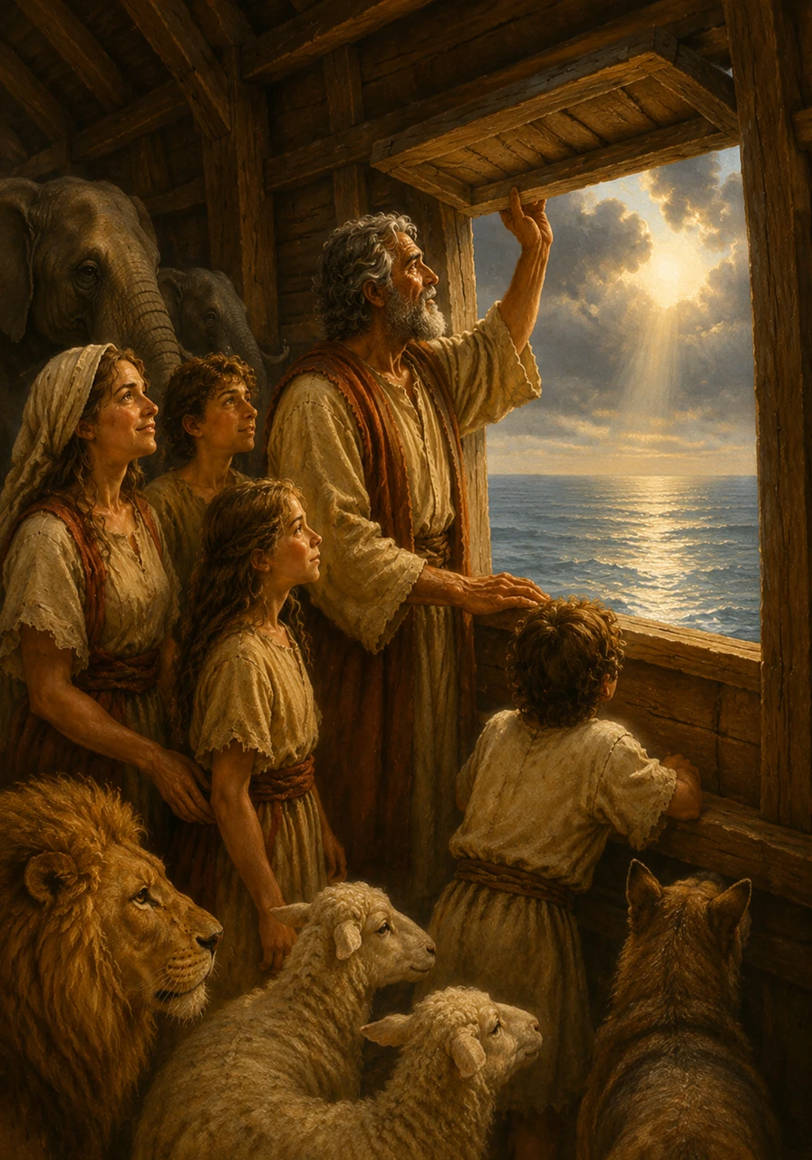 After many days, the heavy clouds begin to break, and a single ray of sunlight pierces through the mist. Noah opens a small window, looking out over a vast, endless ocean that reflects the calming sky.