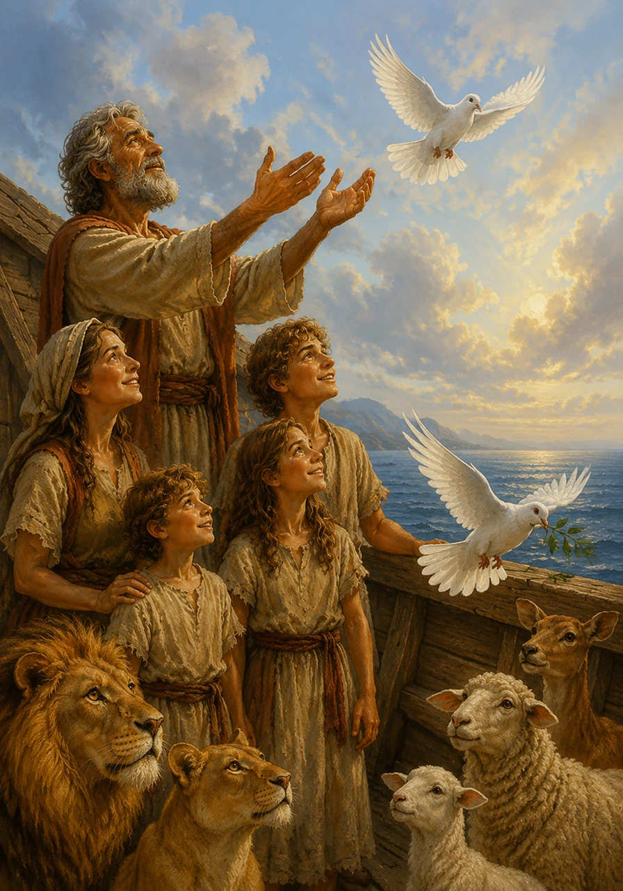 Noah releases a white dove into the open air, watching as it disappears into the blue horizon. Hours later, the bird returns with a fresh green olive leaf in its beak, bringing a message of hope and new life.