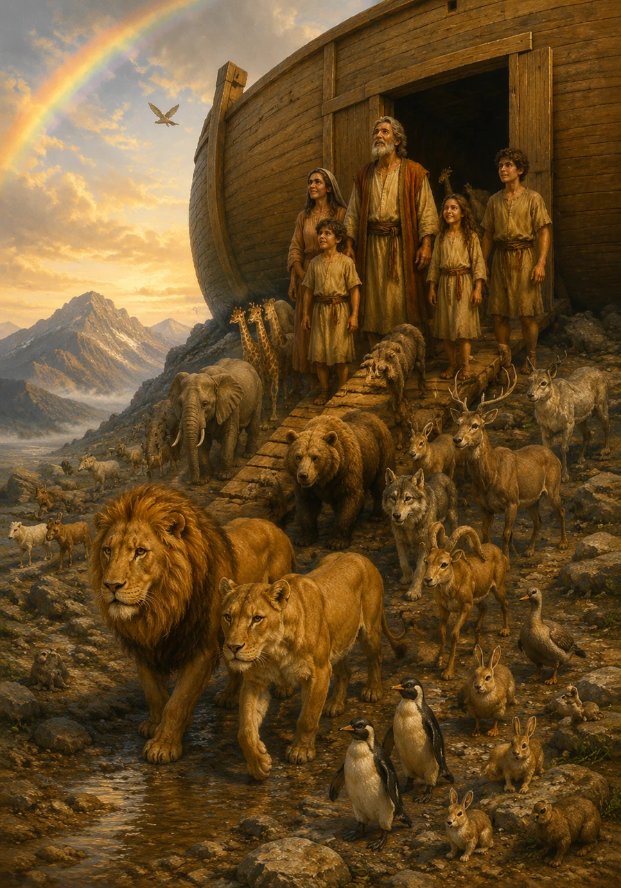The ark comes to a gentle rest upon the rocky peaks of Mount Ararat as the floodwaters finally recede. The doors swing open, and a parade of animals descends onto the fresh, damp earth, ready to start anew.