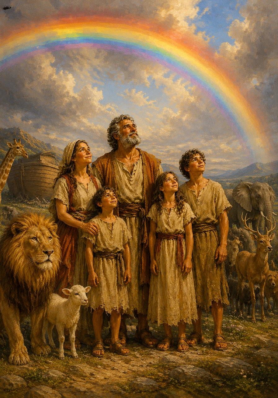 A brilliant rainbow stretches across the sky, painting the heavens with vibrant colors of red, gold, and blue. Noah and his family stand together in gratitude, looking up at the sign of a beautiful promise that will last forever.