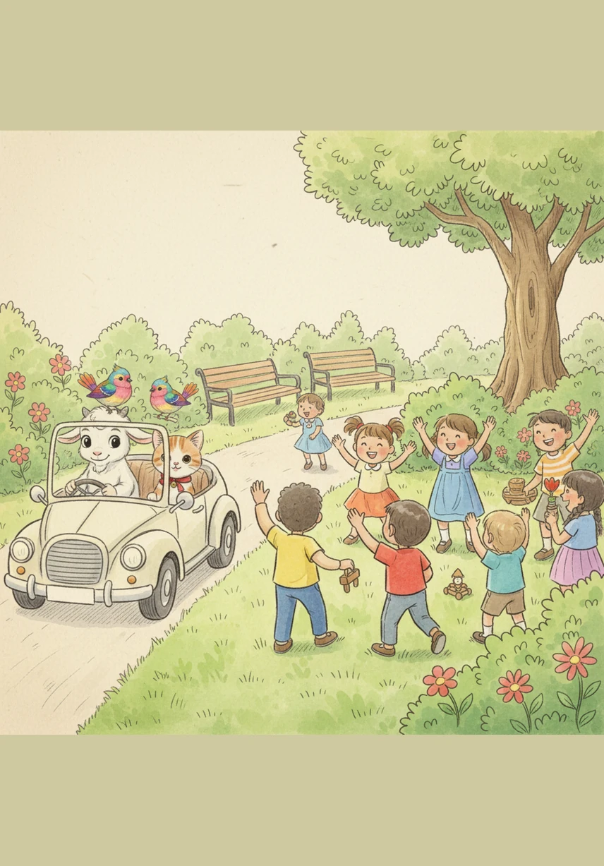 گاڑی ایک بڑے باغ کے پاس سے گزری جہاں بہت سے بچے کھیل رہے تھے۔ بکو کو گاڑی میں دیکھ کر بچے خوش ہوئے اور اسے دیکھ کر ہاتھ ہلانے لگے۔