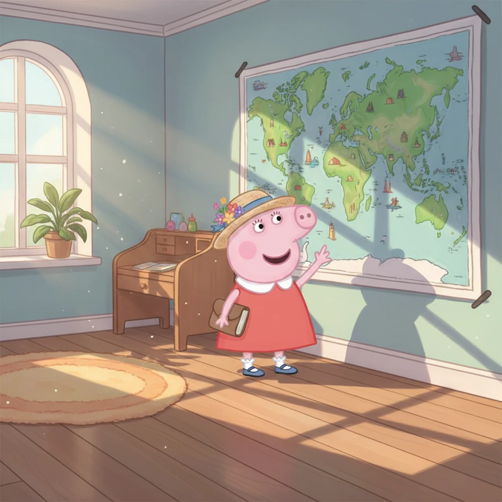 Peppa, a cheerful little pig, stands in her cozy bedroom, gazing at a large, colorful world map pinned to her wall. Her eyes sparkle with dreams of adventure as she points to different countries. Sunlight streams through her window, illuminating dust motes dancing in the air.