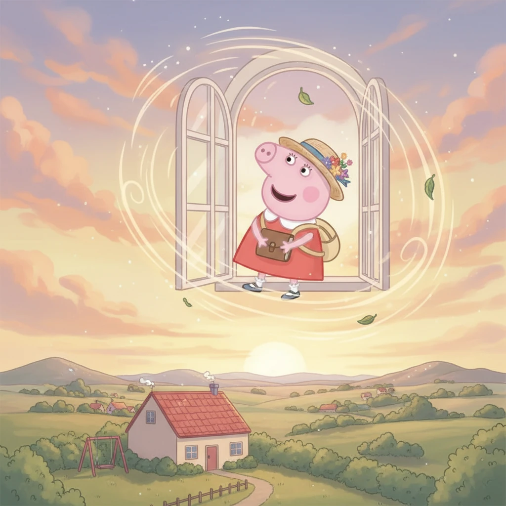 Suddenly, a magical gust of wind sweeps through the room, lifting Peppa gently into the air. She giggles as she floats out her window, clutching a small, worn backpack. Below, her familiar house and garden shrink into the distance, looking like tiny toys.