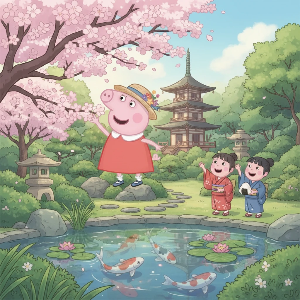 Peppa lands softly in a vibrant Japanese garden, surrounded by blossoming cherry trees. She marvels at a traditional pagoda and a koi pond, where colorful fish swim gracefully. Two friendly, kimono-clad children wave hello to her, offering a small, perfectly wrapped rice ball.