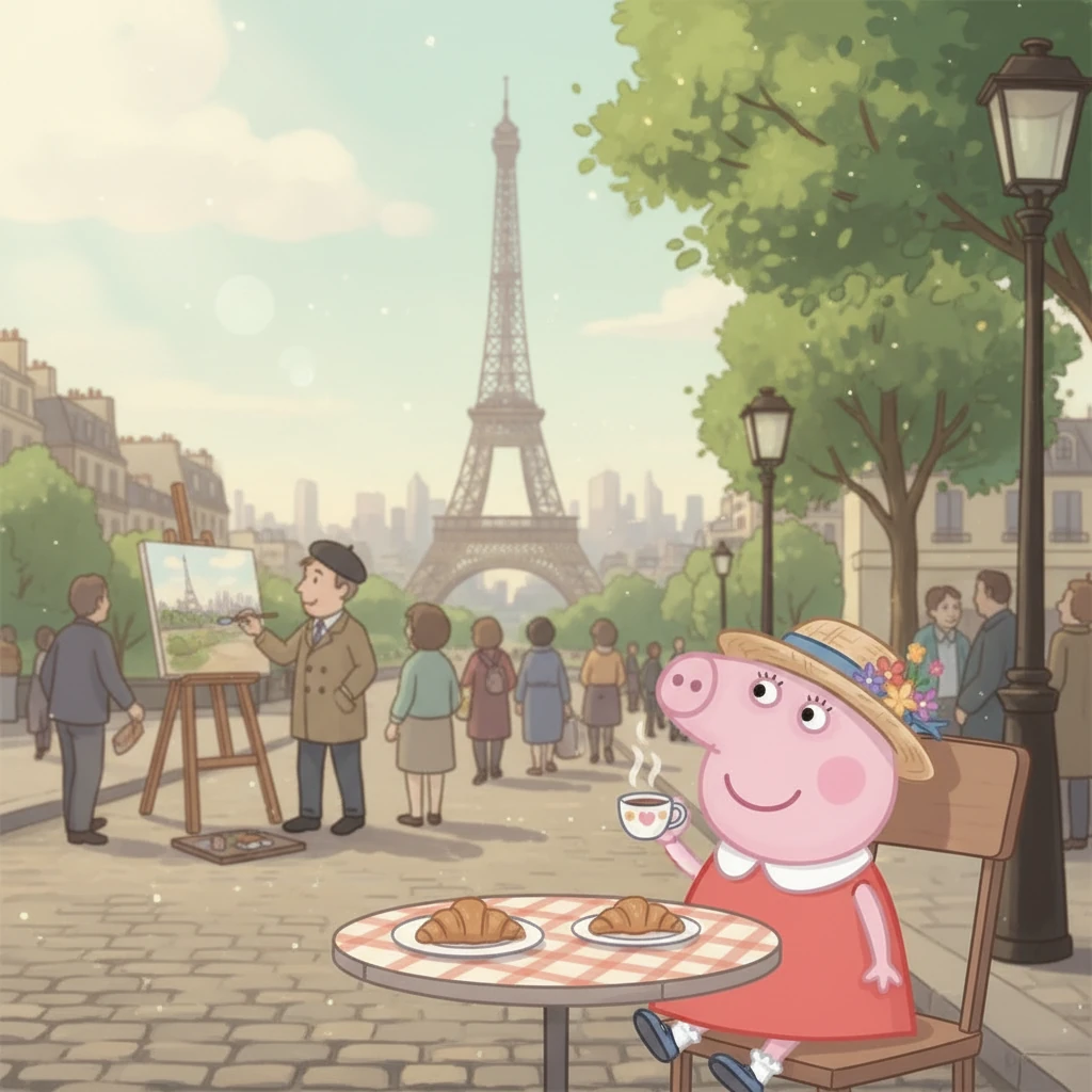 Next, Peppa finds herself in the bustling streets of Paris. The Eiffel Tower gleams in the background, and the air is filled with the aroma of fresh croissants. She sips a tiny cup of hot chocolate at a charming outdoor cafe, watching a street artist paint a beautiful cityscape.