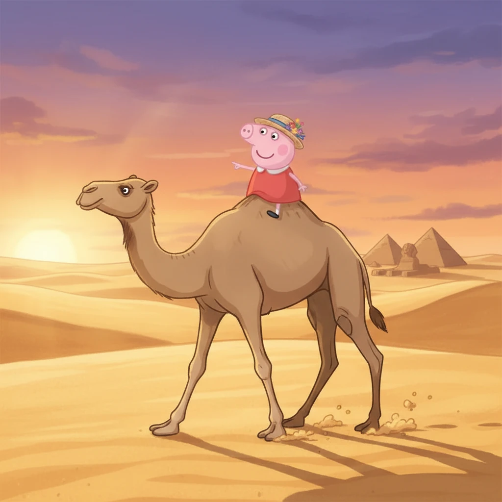 Her journey continues to the vast, golden deserts of Egypt. Peppa rides a gentle camel, its long legs carrying her past ancient pyramids and the Sphinx. The desert sun paints the sky in shades of orange and purple as she watches the sunset.