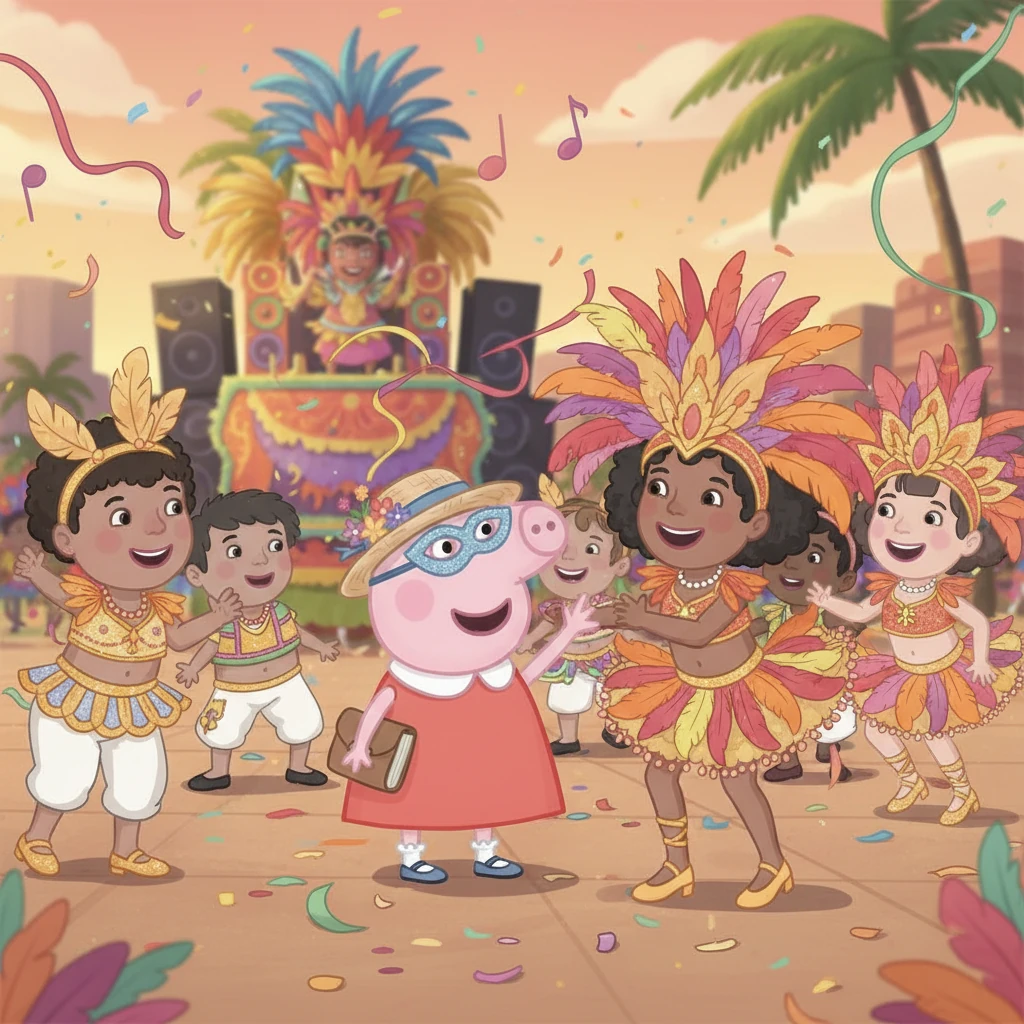 Peppa then dances with a group of lively children during a carnival in Rio de Janeiro, Brazil. Vibrant feathers and rhythmic music fill the air. She tries on a small, sparkling mask and laughs as she attempts to follow their energetic steps.