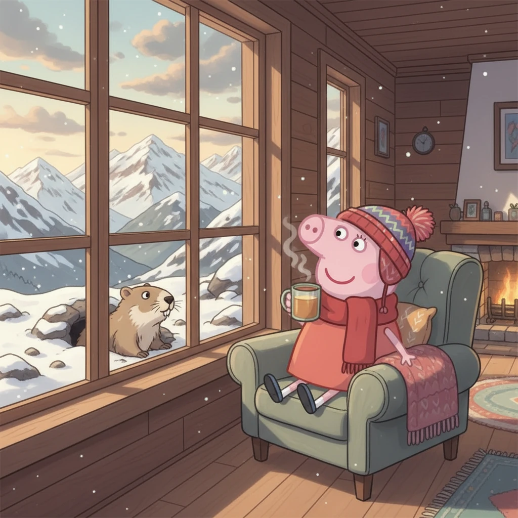 High in the snowy Alps, Peppa bundles up in a warm scarf and hat. She watches a small, fluffy marmot peek out from its burrow as she sips warm apple cider in a cozy wooden chalet, surrounded by majestic, snow-capped mountains.