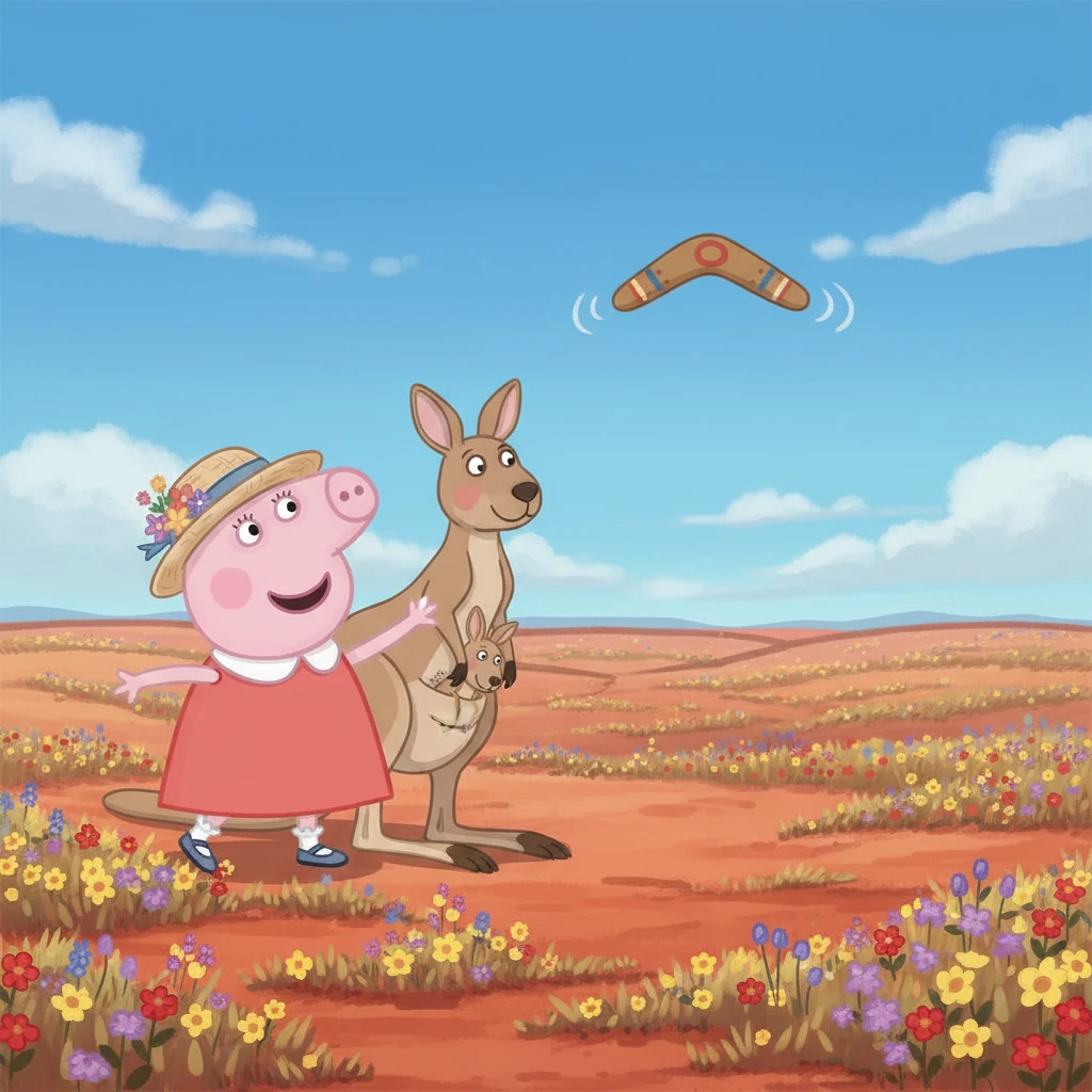 In the Australian outback, Peppa meets a friendly kangaroo and her joey. She learns to throw a boomerang (with a little help!) and discovers unique, colorful wildflowers. The vast, open landscape stretches out under a brilliant blue sky.