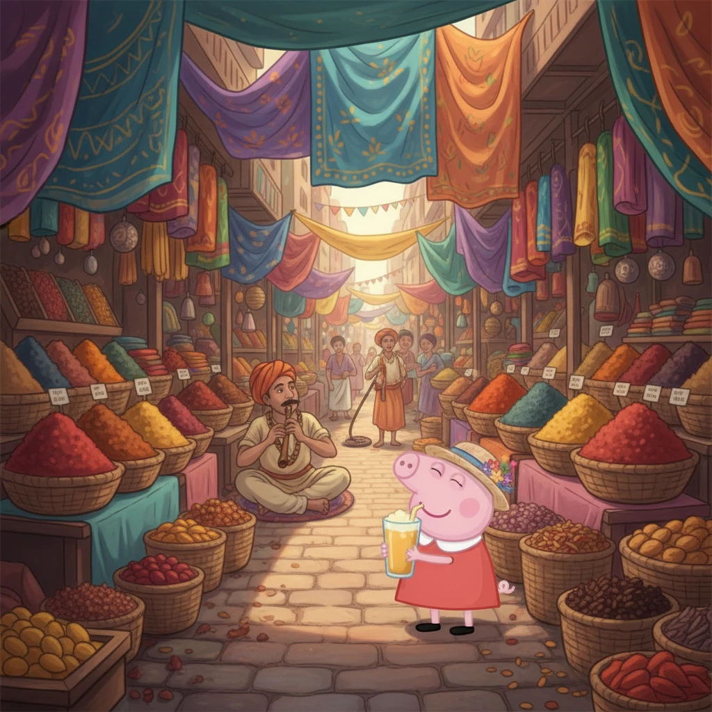 Peppa explores a bustling market in India, filled with exotic spices, colorful fabrics, and the sweet scent of jasmine. She tastes a delicious mango lassi and watches a snake charmer play a mesmerizing tune on his flute, a small crowd gathered around.