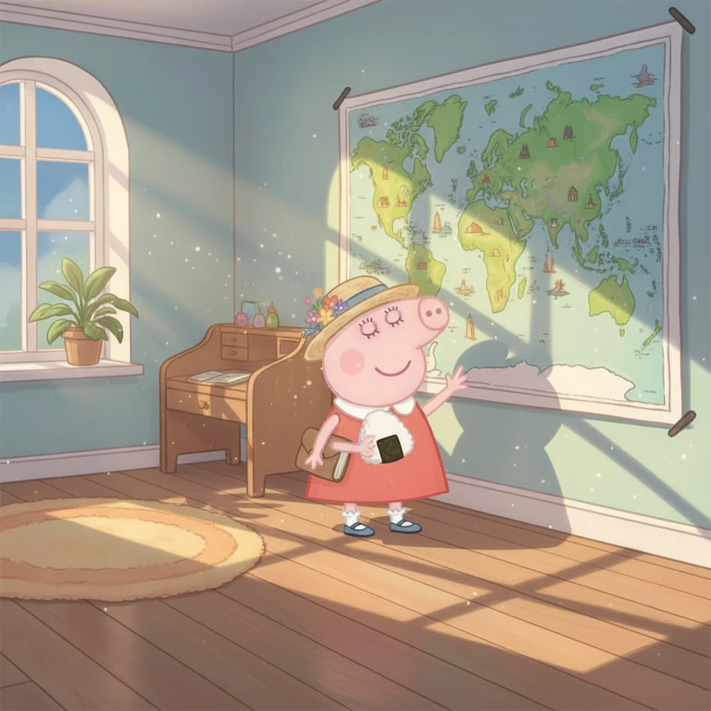 As dusk settles, Peppa finds herself back in her bedroom, gently floating through her window. The world map on her wall seems to glow with the memories of her adventures. She still clutches the small rice ball from Japan, a tangible reminder of her incredible journey.