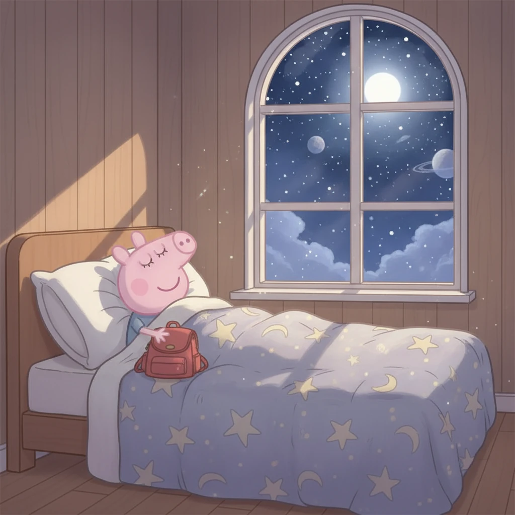 Peppa snuggles into her bed, her backpack beside her. She closes her eyes, dreaming of all the wonderful places she visited and the new friends she made. A gentle smile plays on her lips, knowing the world is full of amazing wonders, waiting to be explored again.