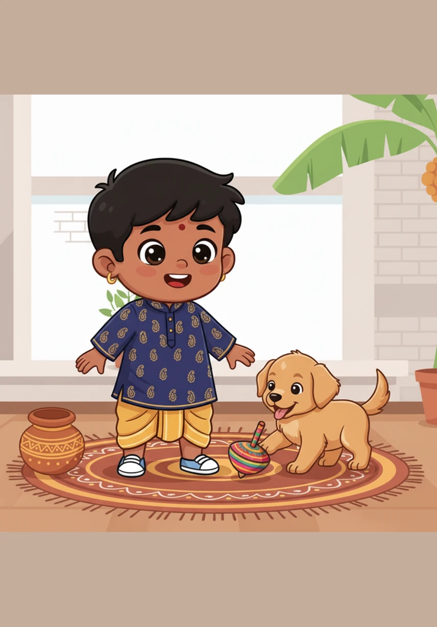 Kavin, a cute toddler with big bright eyes and a warm smile, stands proudly in front of his traditional village home. On the ground, a beautiful and intricate kolam pattern made of white and colored powders decorates the entrance.