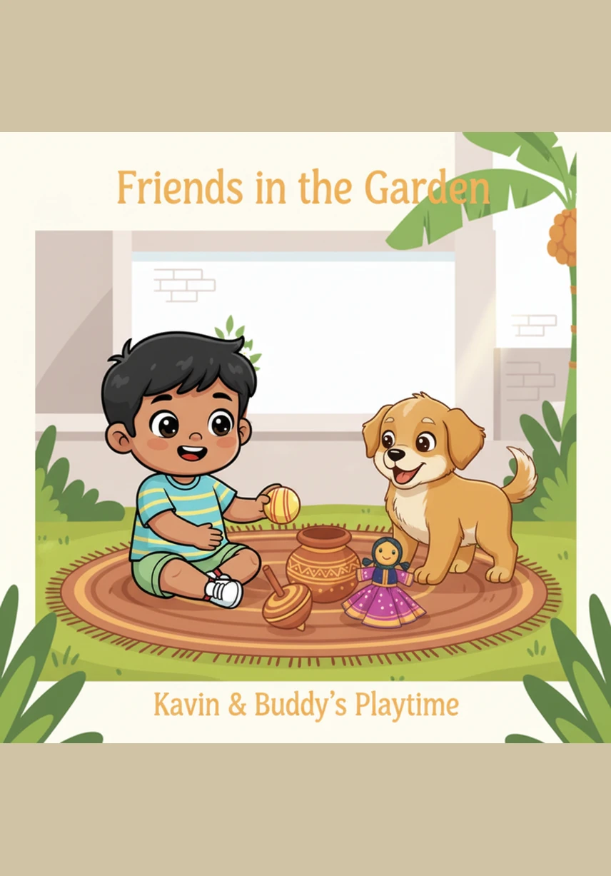 A fluffy brown and white puppy spots Kavin from across the yard and begins to run toward him. Its tail wags with pure excitement, and its little paws patter softly on the warm earth.
