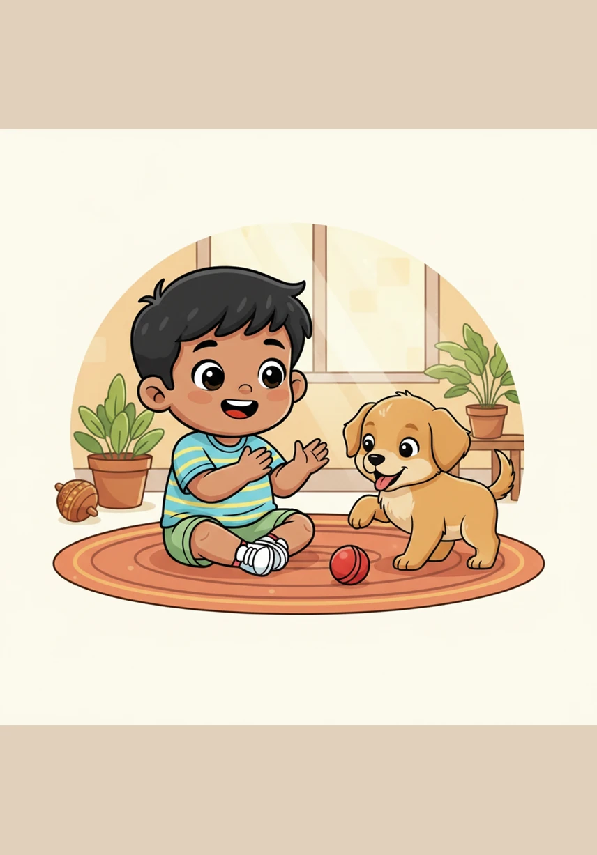 Kavin’s face lights up with joy as he claps his tiny hands together in delight. He calls out to the puppy with a voice full of love, welcoming his playful friend with open arms.