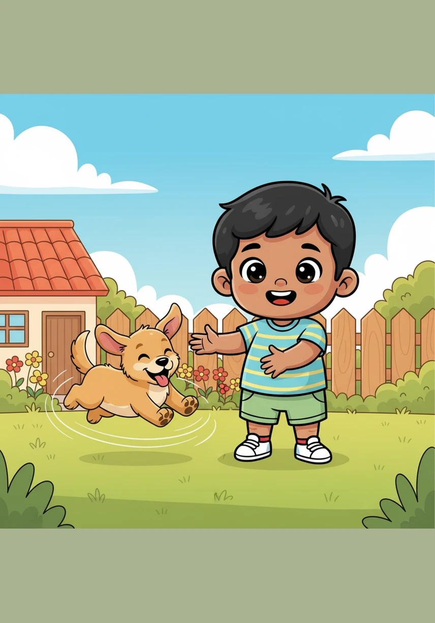 The puppy reaches Kavin and begins to jump and run in happy circles around the toddler. They play together in the yard, filled with the innocent energy of a perfect afternoon.