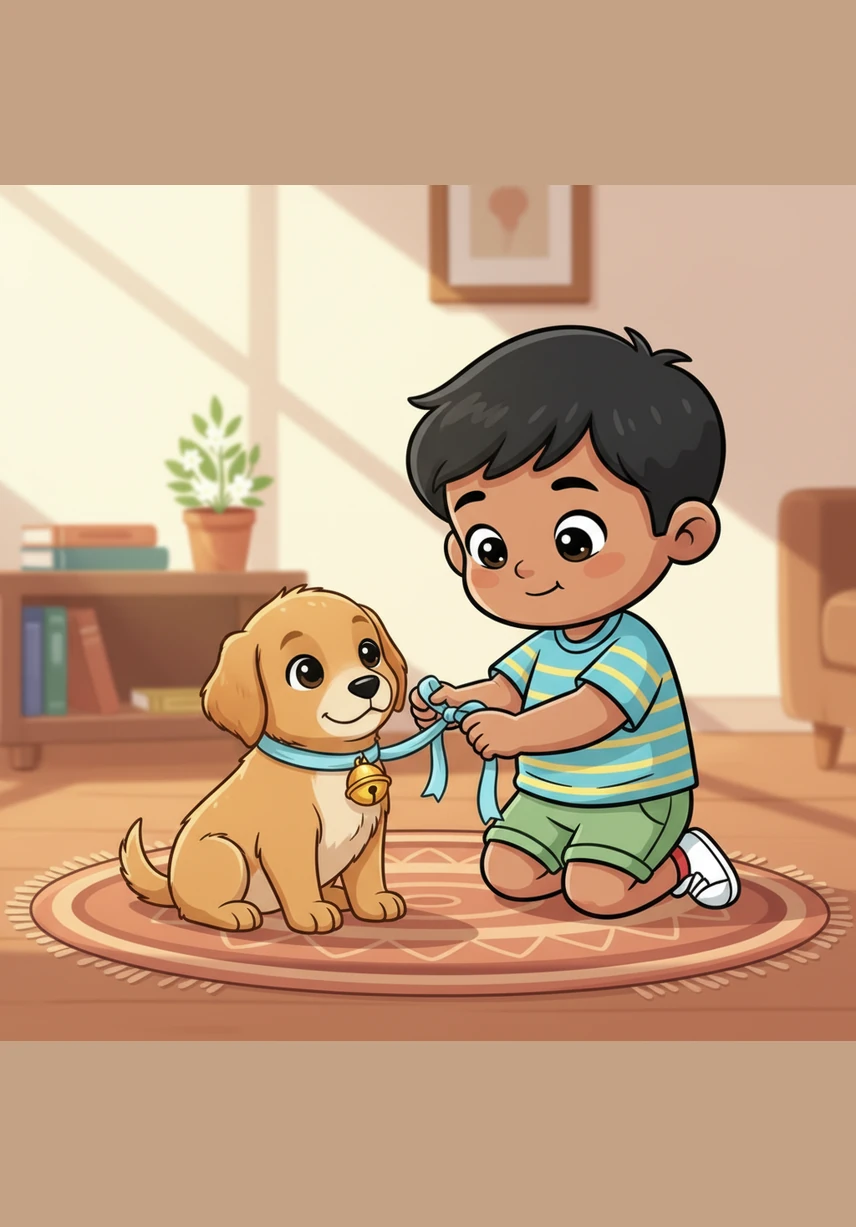 Kavin reaches out gently and ties a small, shiny golden bell around the puppy’s neck with a soft ribbon. The puppy stays still, sensing the toddler's careful and loving touch.