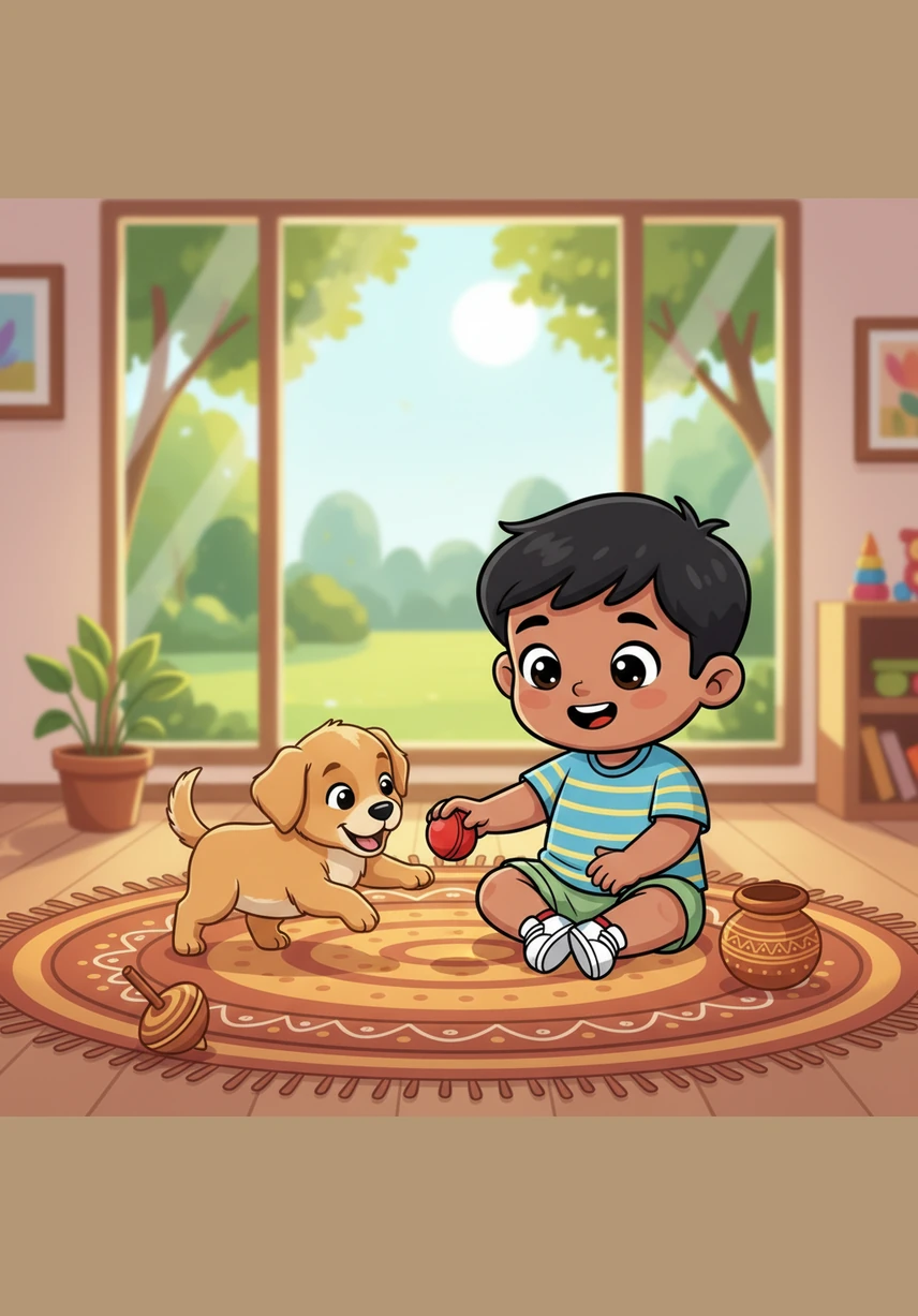 As the puppy moves, the small bell lets out a soft, musical jingling sound that echoes through the air. The puppy looks curious and happy, tilting its head at the new sound it makes.