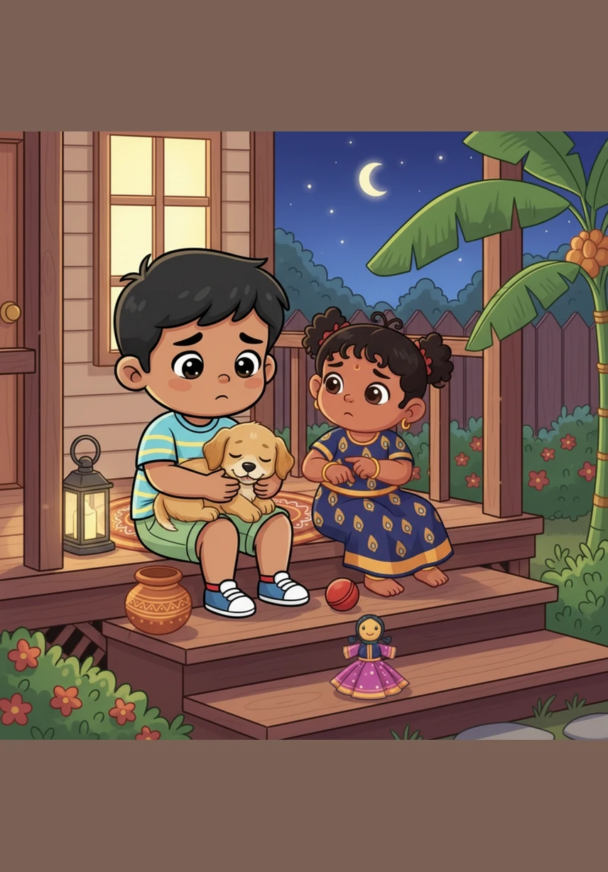 As evening falls, the puppy sits alert and loyal near the house entrance, acting as a tiny guardian. The soft orange glow from the windows spills onto the porch, highlighting the puppy's watchful eyes.