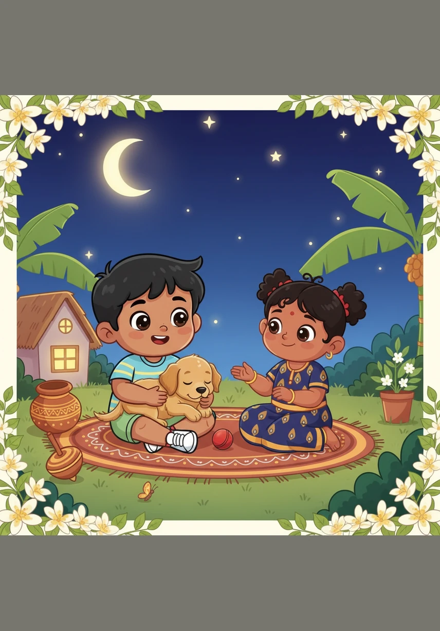 Fireflies begin to dance in the cool night air, casting a magical light over the peaceful village scene. Kavin and his loyal puppy are safe and sound, surrounded by the quiet beauty of their home.