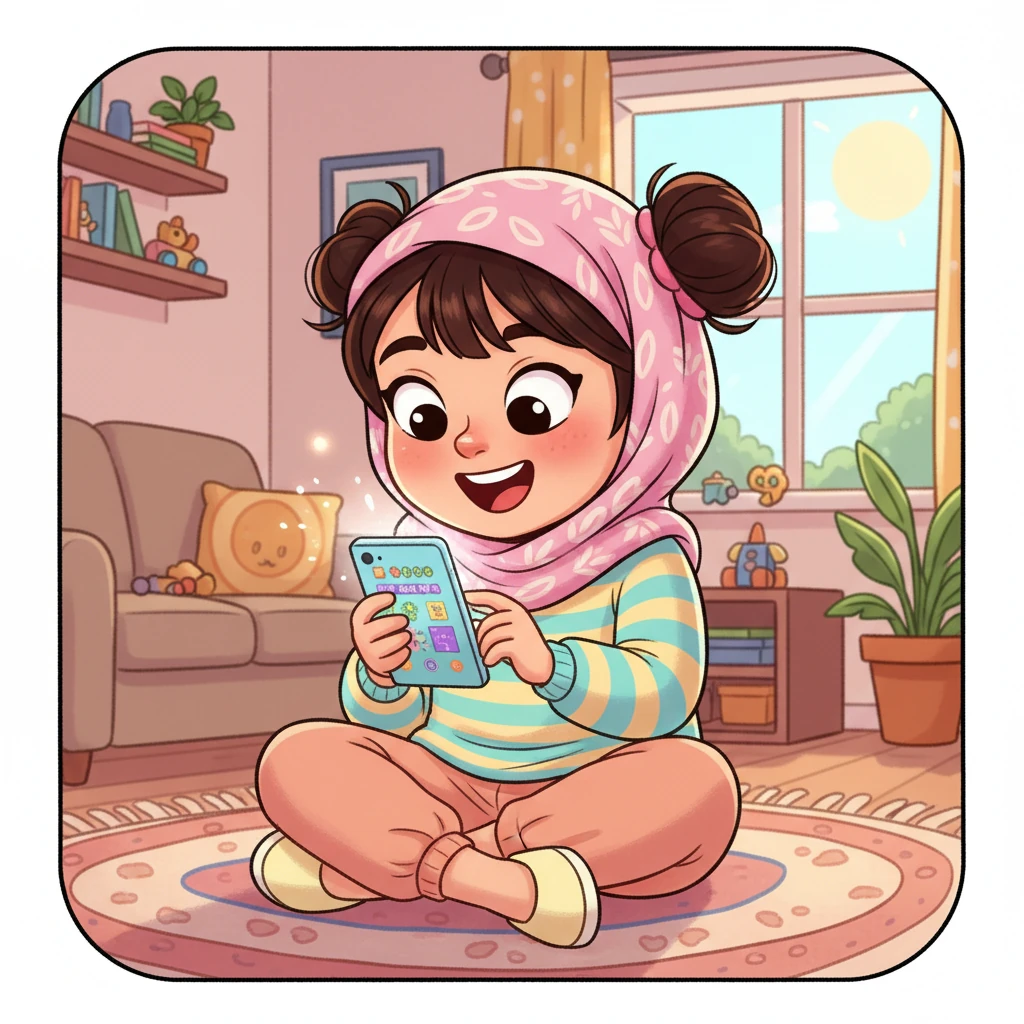 Zara duduk di karpet ruang tamu, matanya terpaku pada layar ponselnya yang cerah. Jari-jarinya lincah menekan-nekan, mengejar skor tertinggi di game kesukaannya. Senyum lebar menghiasi wajahnya, seolah dunia lain tidak ada.
