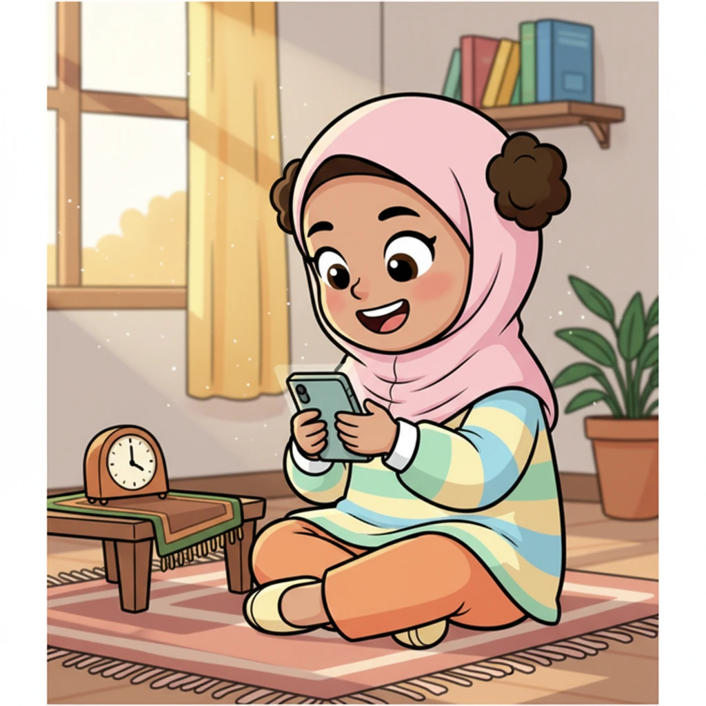 Namun, "sebentar lagi" itu tidak kunjung datang. Zara terus bermain, tertawa riang saat berhasil melewati level sulit. Dalam hati kecilnya, ia tahu harus sholat, tapi godaan ponsel terlalu kuat untuk dilepaskan. Waktu terus berlalu tanpa terasa.
