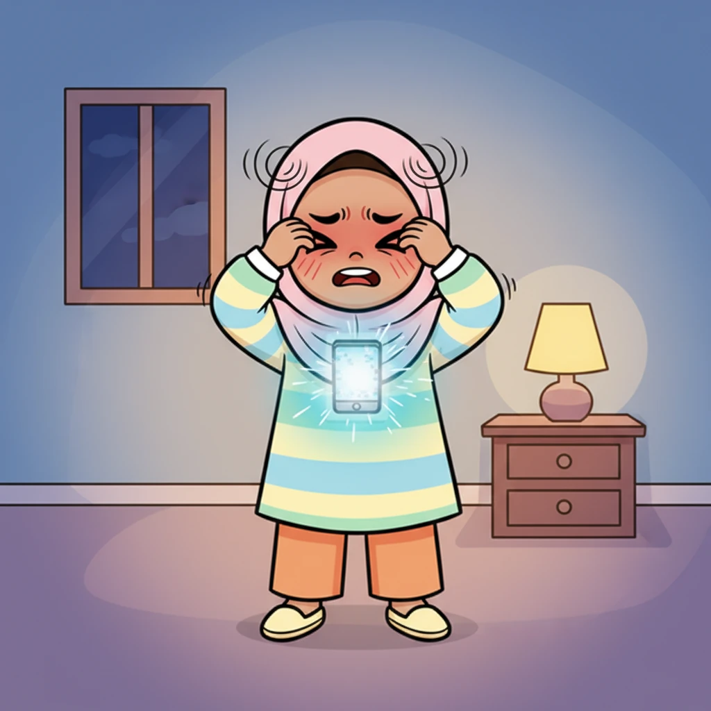 Setelah bermain sangat lama, mata Zara mulai terasa perih dan kepalanya sedikit pusing. Ia mengucek matanya, tapi pandangannya masih kabur. Layar ponsel yang tadinya cerah kini terasa menyakitkan. Ia mulai merasa tidak nyaman.