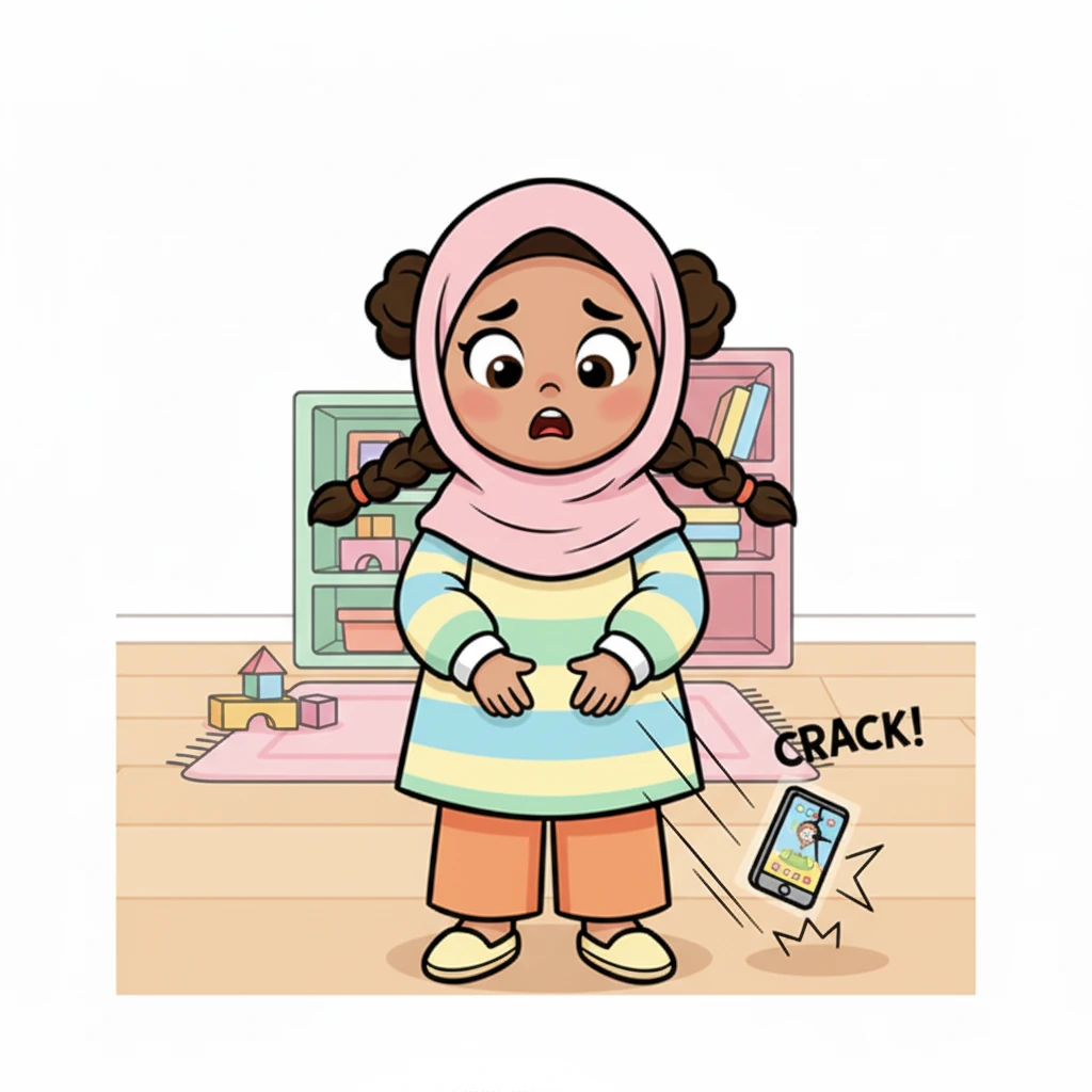 Karena terlalu lelah dan kurang fokus, ponsel di tangan Zara tiba-tiba terlepas dari genggamannya. "Prang!" Ponselnya jatuh ke lantai dengan suara mengejutkan. Ada retakan kecil di sudut layarnya. Zara terkejut dan sedih melihatnya.