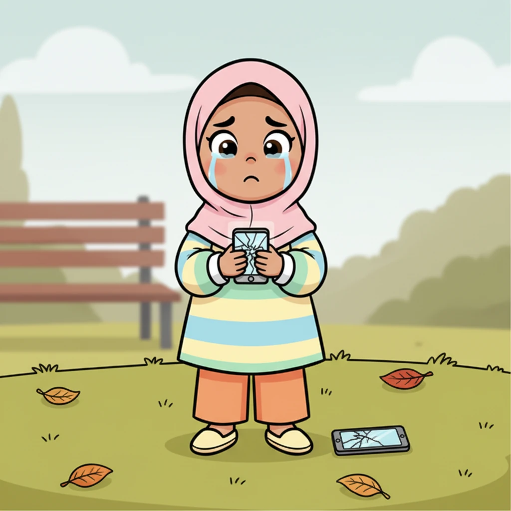 Air mata mulai menggenang di pelupuk mata Zara. Ia memungut ponselnya yang retak, merasa sangat menyesal. Keseruannya hilang seketika, digantikan rasa kecewa dan penyesalan. Ia akhirnya meletakkan ponselnya di samping.