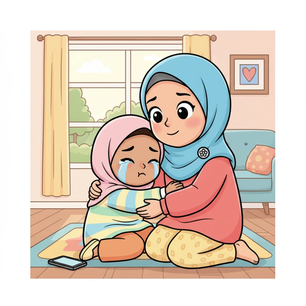 Ibu datang menghampiri Zara yang sedang bersedih, memeluknya erat. "Tidak apa-apa, sayang," bisik Ibu lembut. "Terkadang kita terlalu asyik dengan dunia maya sampai lupa dunia nyata dan Yang Maha Kuasa." Ibu mengusap punggung Zara dengan penuh kasih sayang.