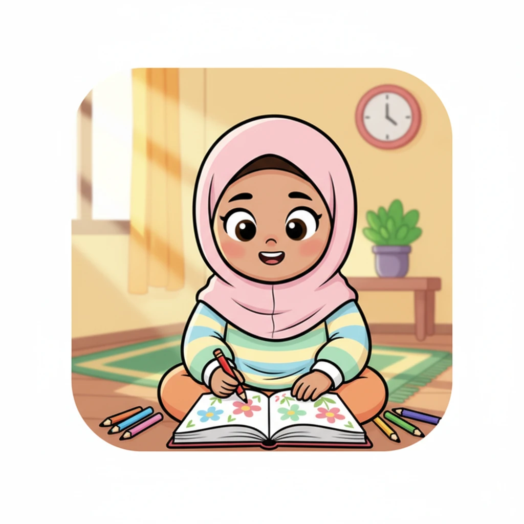Setelah sholat, hati Zara terasa lapang dan ringan. Rasa pusing di kepalanya hilang, matanya pun tidak lagi perih. Ia mengambil buku gambar dan pensil warnanya, mulai menggambar bunga-bunga indah. Bermain tanpa layar ternyata menyenangkan juga!
