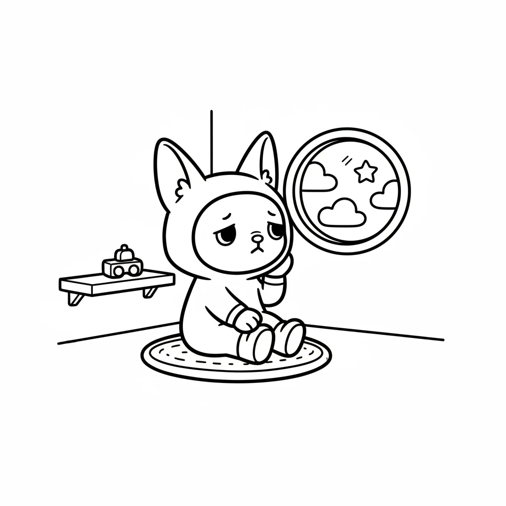 Lulu, a fluffy creature with pointy ears, sits quietly in her little room. Her room is simple and cozy, with a small round window. She looks a bit bored, dreaming of something fun to do.