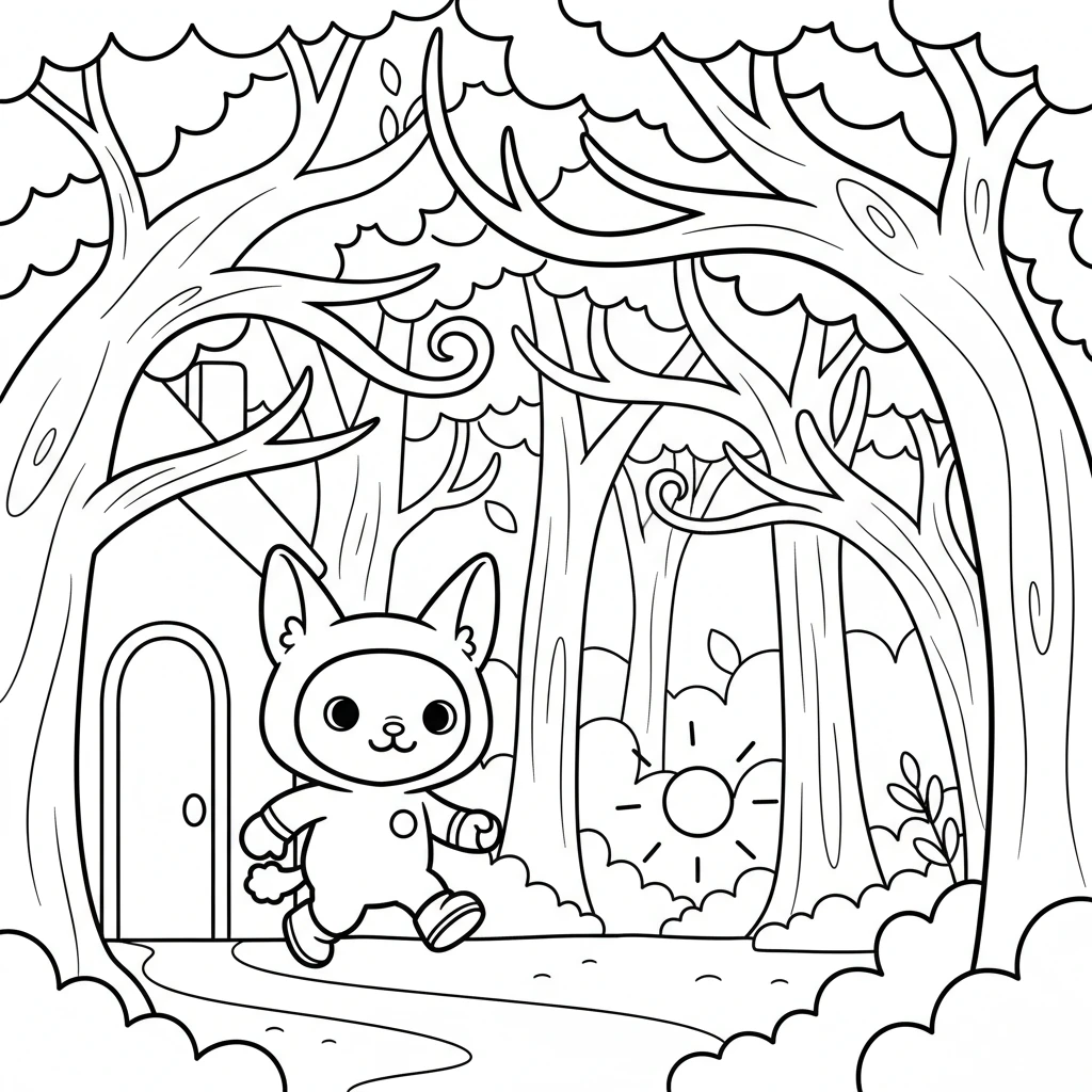 Unable to resist, Lulu tiptoes out of her house and into a magical forest. Tall, whimsical trees with swirly branches surround her. The little light bobs ahead, leading the way deeper into the woods.