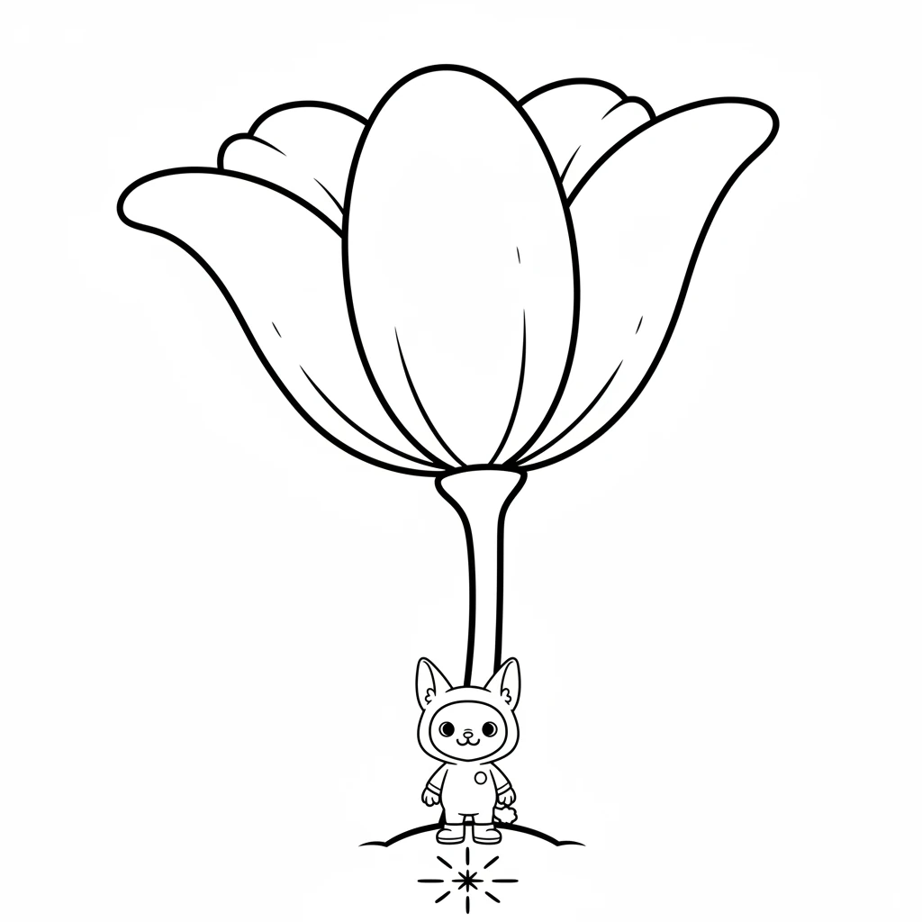 The sparkling light stops at the base of an enormous, fantastical flower. Its petals are wide and gently curved, reaching high into the sky. Lulu looks up, wondering where the light wants her to go.