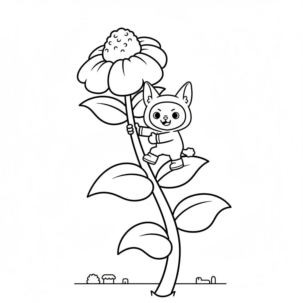 With a determined grin, Lulu begins to climb the giant flower stem. She uses its soft, sturdy leaves as steps, carefully making her way upwards. The world below gets smaller and smaller.