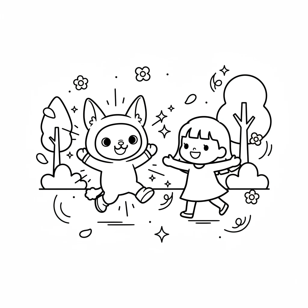 The little creature, now full of bright light, dances around Lulu. They play among the flower petals, their shared joy lighting up the whole forest. Laughter and sparkles fill the air.