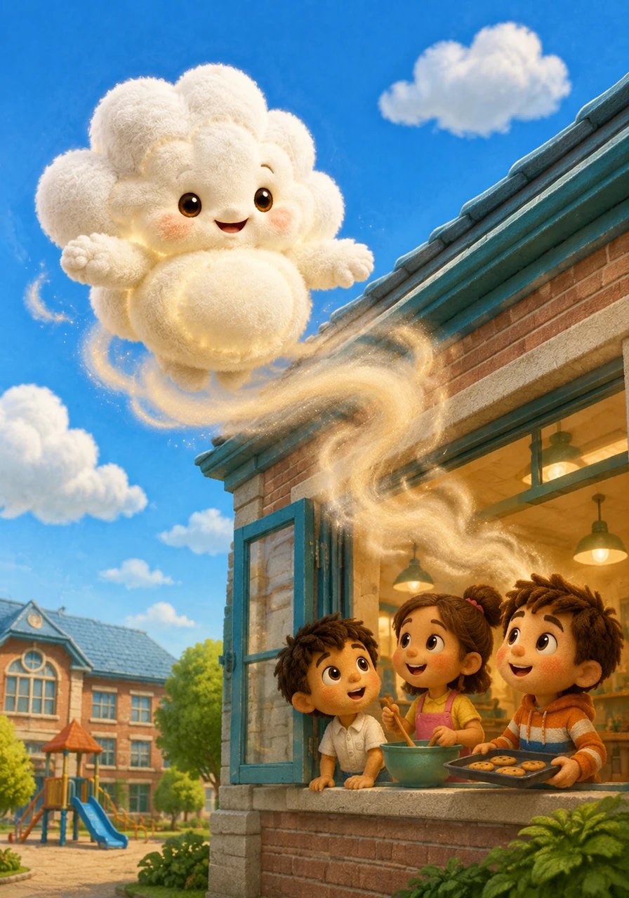 High above the school, a small, fluffy white cloud named Nuvola floats across the deep blue sky. Caught by a mouth-watering aroma drifting from the school windows, Nuvola decides to glide down and investigate the delicious mystery.