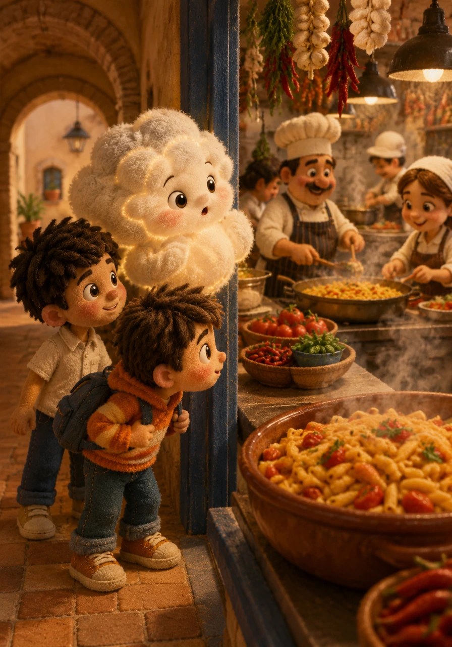 The scent of traditional Calabrian pasta, sun-ripened tomatoes, and a hint of spicy herbs fills the hallway. Nuvola peeks into the bustling cafeteria, its cloud-belly rumbling with curiosity as the cooks prepare a feast of local flavors.
