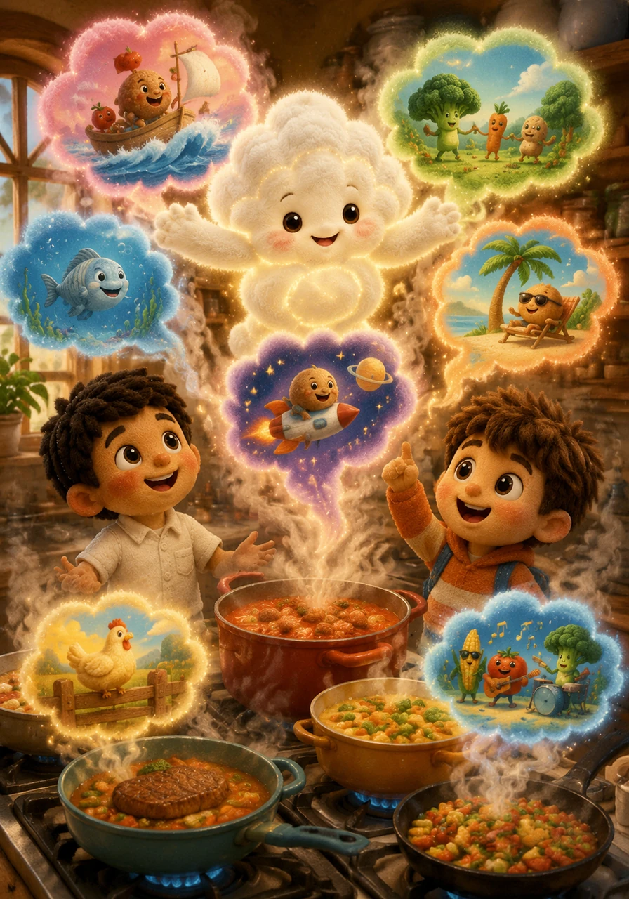 As Nuvola drifts over the steaming pots, the vapor begins to swirl and transform into vibrant, colorful comic-book speech bubbles. Every pot and pan seems to pop and sizzle with its own unique story, turning the kitchen into a living illustration.