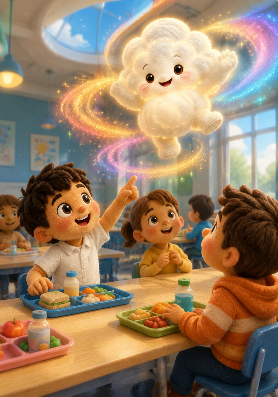 A curious boy named Leo looks up from his seat and spots the magical cloud dancing playfully above the lunch tables. He nudges his friends, pointing at the swirling colors and the friendly cloud that has brought a touch of magic to their meal.